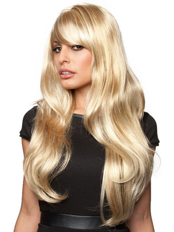 Long Blonde Wigs Women's Wave Wig With Bangs In Heat-resistant Fiber