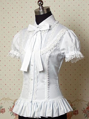 Weißen Rüschen Bögen Baumwolle Lolita Bluse für Frauen