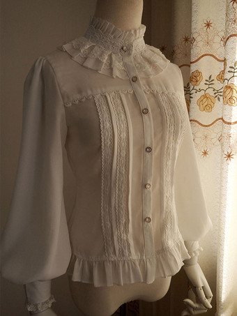 ホワイト　立ち襟　シフォン　ロリィタブラウス　ペザントスリーブ　フリル　スタンドカラー