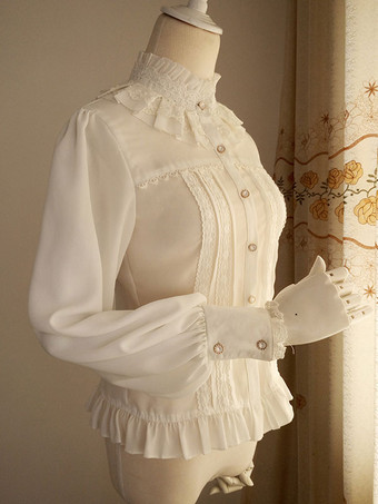 ホワイト　立ち襟　シフォン　ロリィタブラウス　ペザントスリーブ　フリル　スタンドカラー