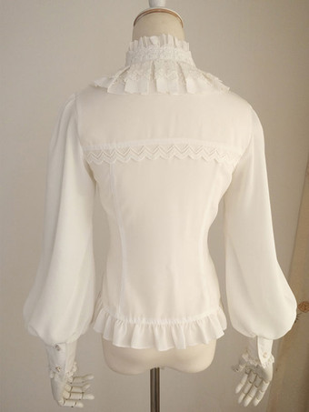 ホワイト　立ち襟　シフォン　ロリィタブラウス　ペザントスリーブ　フリル　スタンドカラー