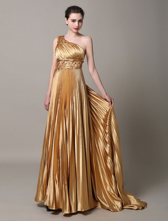 Gold evening dresses One Shoulder formal gowns pleated Sash Satin Prom Dress with train 
