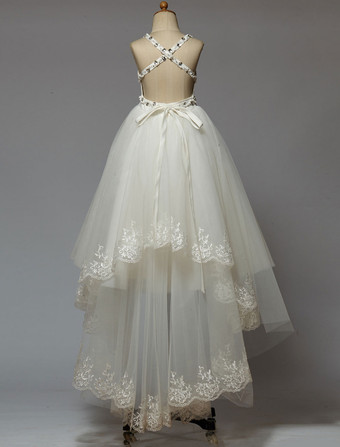 Robe de cortège enfant robe cérémonie fille asymétrique blanche à bretelle décoré des perles