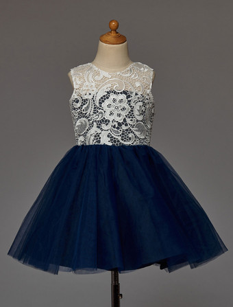 Dark Navy Flower Girl Dress With Buttons Lace Tulle 