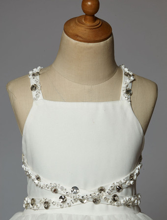 Robe de cortège enfant robe cérémonie fille asymétrique blanche à bretelle décoré des perles