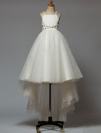 Ivoire Robe de cortège enfant robe cérémonie fille asymétrique blanche à bretelle décoré des perles