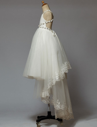 Robe de cortège enfant robe cérémonie fille asymétrique blanche à bretelle décoré des perles