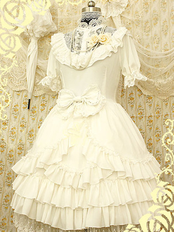 Lolitashow White Synthetic Lolita Dress With Layered Ruffles Flowers for Women