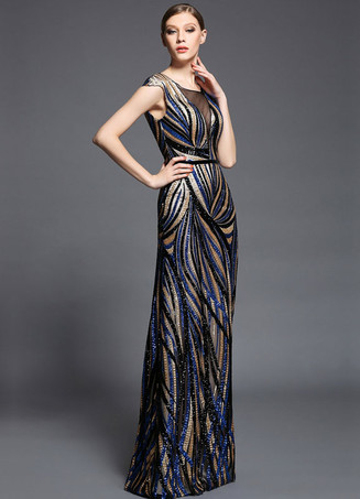 Blu RealeMulticolor stampa Mesh Raso Prom Dress   Abiti per Ospiti di Matrimonio