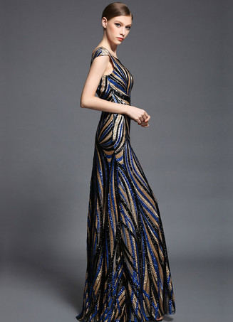 Multicolor stampa Mesh Raso Prom Dress   Abiti per Ospiti di Matrimonio