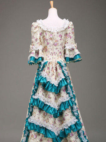 ヴィンテージファッション　レトロ服　コスチューム　ドレス　合成繊維　女性用　ベージュ　ロココ調　大人用　七分袖　 ハロウィン