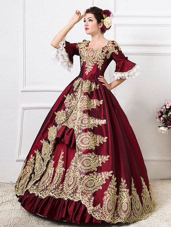 Prom Dress Victorian Dress Rococo Ruffles Bell Print Ball Gown Half Sleeves Burgundy Retro Dress Halloween