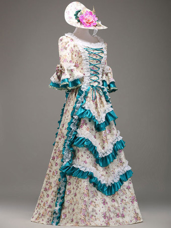 ベージュヴィンテージファッション　レトロ服　コスチューム　ドレス　合成繊維　女性用　ベージュ　ロココ調　大人用　七分袖　 ハロウィン