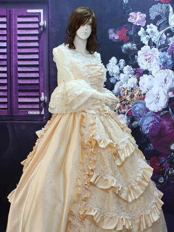 ヴィンテージコスチューム　ベージュ　宮廷　大人用　合成繊維　女性用　ページェント　ドレス　