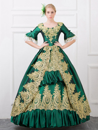 Faschingskostüm Grüne Retro Kostüm Barock Rüschen Ballkleid gedruckt schlanke Passform Kleid