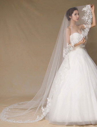 1層　ウェディングベール　シック　アップリケ　セミシアー　レース　ブライダルベール　(300cmの長さ)