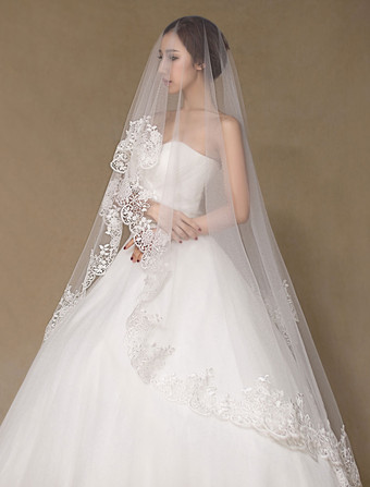 1層　ウェディングベール　シック　アップリケ　セミシアー　レース　ブライダルベール　(300cmの長さ)