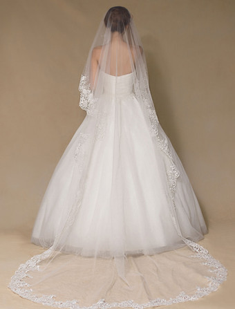1層　ウェディングベール　シック　アップリケ　セミシアー　レース　ブライダルベール　(300cmの長さ)