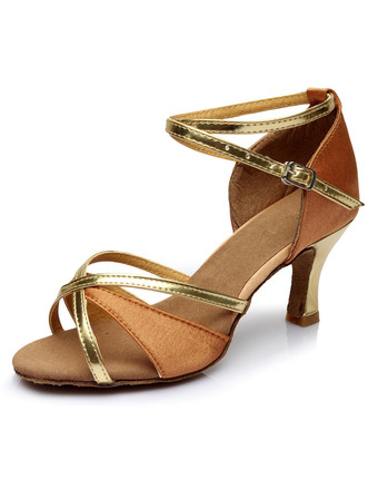 ディープブラウンラテンシューズ　ダンスシューズ　スティレットヒール　オープントゥ　絹織物　シック＆モダン　クリスクロス　調整可能なストラップ　女性用　