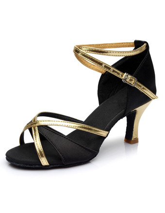 ブラック ラテンシューズ　ダンスシューズ　スティレットヒール　オープントゥ　絹織物　シック＆モダン　クリスクロス　調整可能なストラップ　女性用　