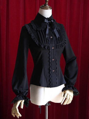 ブラック ロリィタブラウス　コットン　シャーリング　パーティー　長袖　スタンドカラー　レトロ　