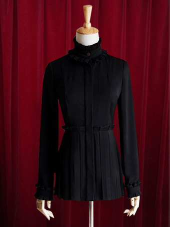 ブラック ロリィタブラウス　コットン　パーティー　レトロ　スタンドカラー　シャーリング　長袖　