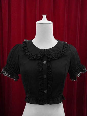 ブラック 【高評価】ロリィタブラウス　シャーリング　半袖　コットン　レトロ　折り襟　パーティー