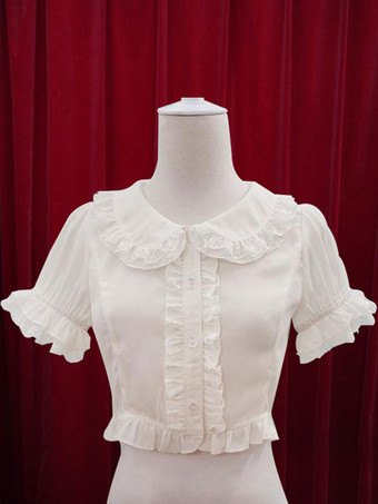 Lolitashow White Lolita Blouse Ruffles Cotton Blouse for Women