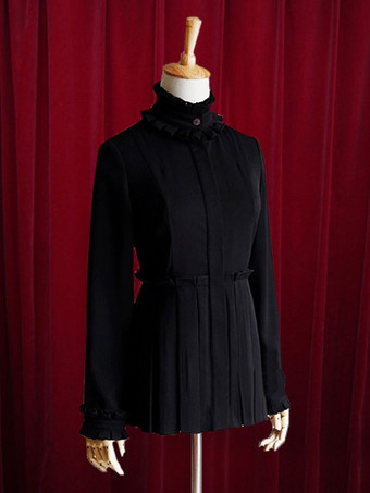 ロリィタブラウス　コットン　パーティー　レトロ　スタンドカラー　シャーリング　長袖　