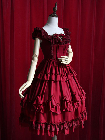 Lolitashow Sweet Lolita Dress Vestido de algodón con volantes burdeos para mujer