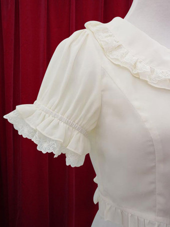 【高評価】ロリィタブラウス　シャーリング　半袖　コットン　レトロ　折り襟　パーティー