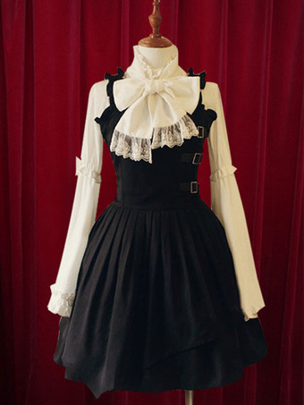 Lolitashow Vestido de algodão preto Lolita vestido cintas fivelas para mulheres