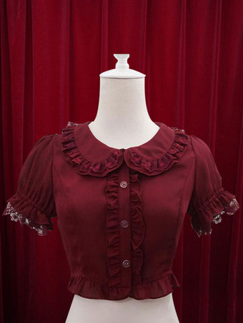 ワインレッド 【高評価】ロリィタブラウス　シャーリング　半袖　コットン　レトロ　折り襟　パーティー
