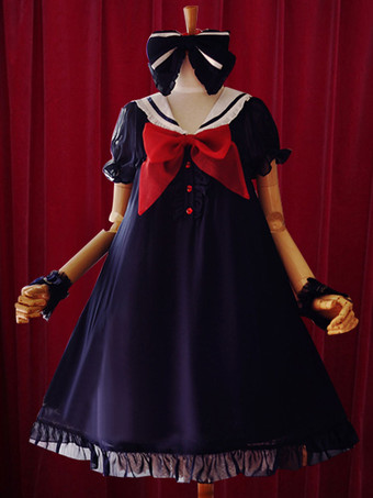 Lolitashow Navy Lolita Dress Bow A-Line Chiffon Dress for Women