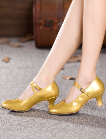 ゴールド ラテンシューズ　PU　丸いつま先　メリージェーンシューズ　女性用　キトンヒール　シック＆モダン　