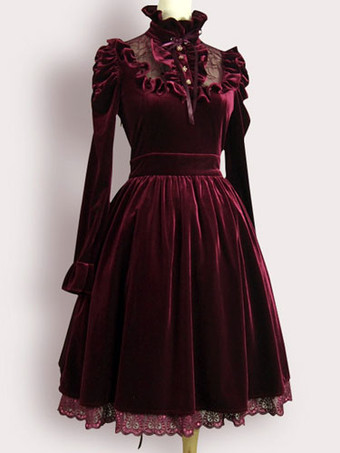 Lolitashow Burgundy Lolita Dress Ruffles Velvet Dress