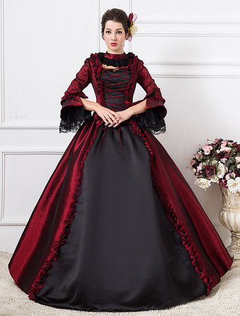 中世 ドレス 女性用 プリンセス 貴族ドレス ダークレッド 七分袖 バロック風 祝日 レトロ ヨーロッパ 宮廷風 中世 ドレス・貴族ドレス