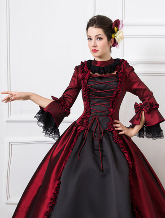 中世 ドレス 女性用 プリンセス 貴族ドレス ダークレッド 七分袖 バロック風 祝日 レトロ ヨーロッパ 宮廷風 中世 ドレス・貴族ドレス バーガンディ