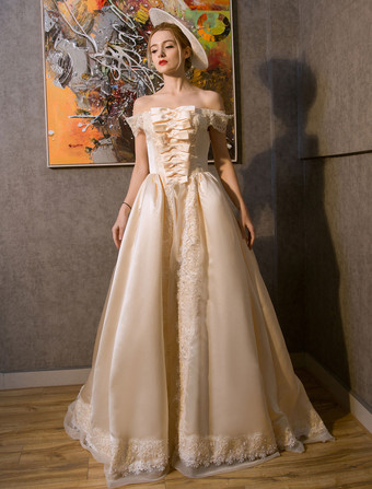 女性のレトロな衣装シャンパン ロココ ロイヤル プリンセス コスチューム オフ肩サテン ドレスします。