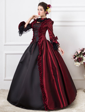 中世 ドレス 女性用 プリンセス 貴族ドレス ダークレッド 七分袖 バロック風 祝日 レトロ ヨーロッパ 宮廷風 中世 ドレス・貴族ドレス バーガンディ