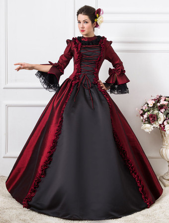 中世 ドレス 女性用 プリンセス 貴族ドレス ダークレッド 七分袖 バロック風 祝日 レトロ ヨーロッパ 宮廷風 中世 ドレス・貴族ドレス バーガンディ