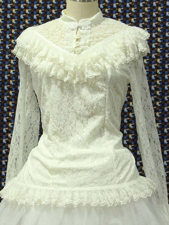 ロリータ服　トップス　新作　ホワイト　ブラウス　スウィート　長袖　パーティー　レース　ポリエステル　