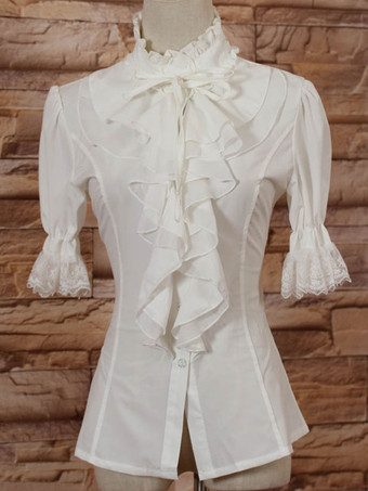 Lolitashow White High Collar Lolita Blouse Middle Sleeves with Ruffles