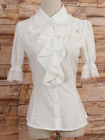 Lolitashow Blusa de mangas brancas meio Lolita com lapela e babados
