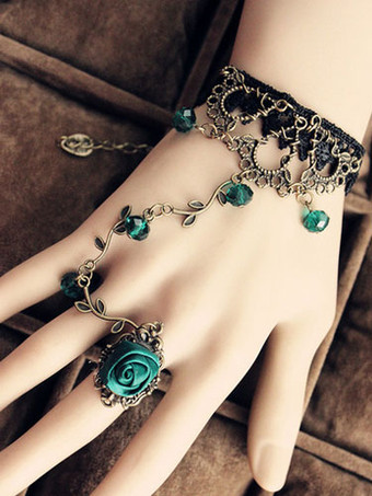 Lolitashow Vintage Lace Lolita Bracelet with Green Rose Ring