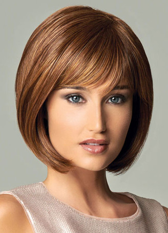 Breve parrucche completo delle donne luce marrone lato-spazzato frangetta Bobs