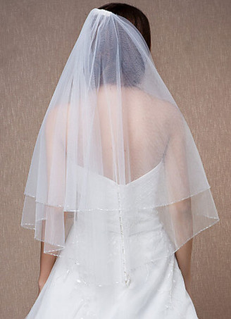 ビーズ　ウェディングベール　2層　楕円形　ビーズエッジ　ショートベール　コーム付き　(150*150cm)