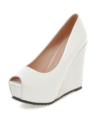 ホワイト ウェッジパンプス　キャンディカラー　ピープトゥ　PU　ウェッジソール　ファミリー・セレブレーション　シンプル　
