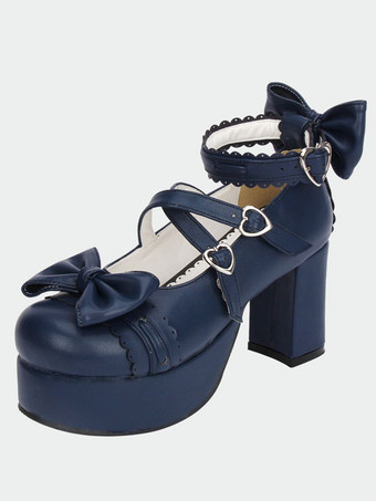 ロリータシューズ ロリータ分厚いポニーかかと靴プラットフォーム足首ストラップ弓ハート形バックル ネイビー ブルー