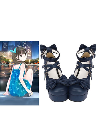 ロリータシューズ ロリータ分厚いポニーかかと靴プラットフォーム足首ストラップ弓ハート形バックル ネイビー ブルー